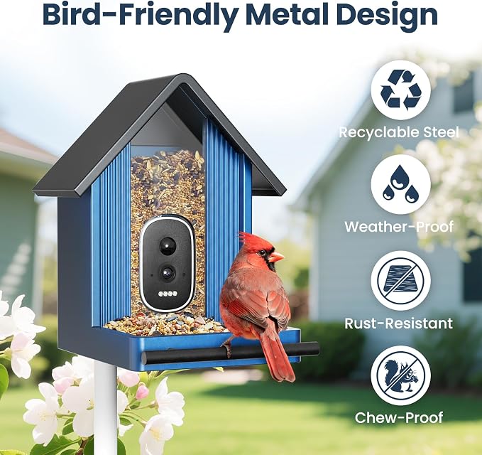 Smart Metal Bird Feeder with Camera, Light Blue | Squirrel Proof, 2.5K UHD AI - Image 2