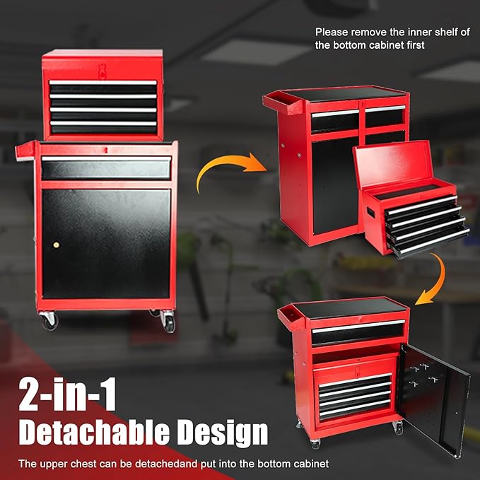 5-Drawer 2 in 1 Rolling Tool Chest, Tool Storage Cabinet w/Drawers, Wheels, Detachable Top, Mechanic Tool Organizer Box for Garage, Workshop, Warehouse Red & Black Durable Lockable