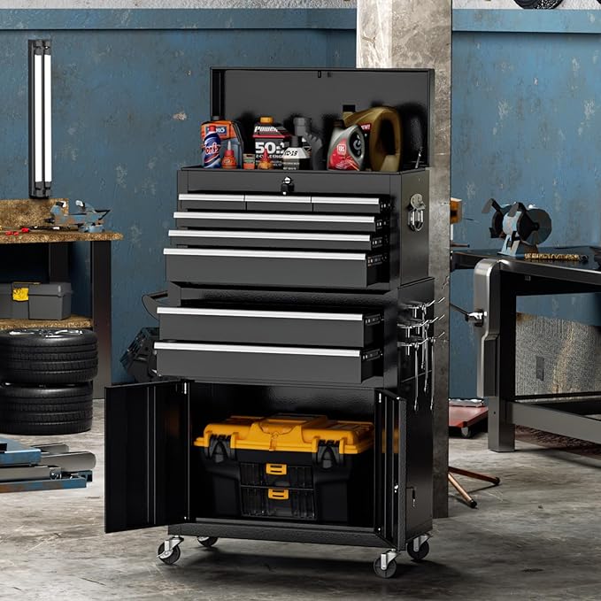 Crownland 8-Drawer Rolling Tool Chest with Wheels, Lockable 2 in 1 Detachable Tool Cabinet wit Drawers and Black Liners, Garage Top Toolbox & Bottom Storage Cart with Side Hooks(Black)