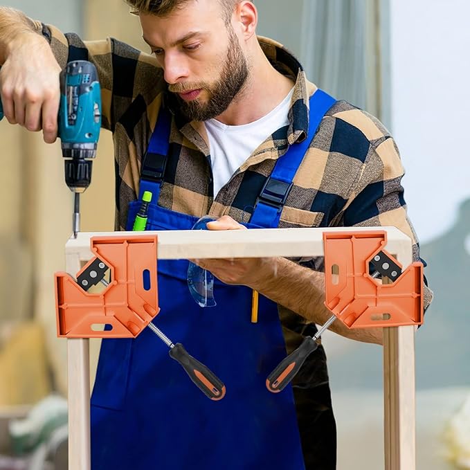Right Angle Clamp, Housolution [4 PACK] Single Handle 90° Aluminum Alloy Corner Clamp, Right Angle Clip Clamp Tool Woodworking Photo Frame Vise Holder with Adjustable Swing Jaw - Orange