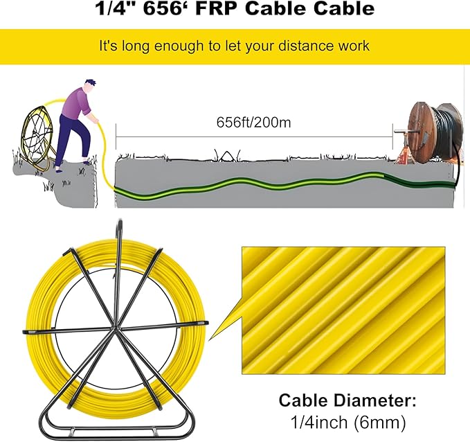 6MM x 656FT (200M) Fiberglass Fish Tape with Steel Reel Stand, Duct Rodder Cable Puller Tool for Electrical Wiring, Conduit, Wall Pipes