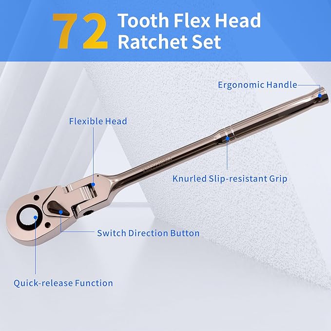 10 Piece Flex Head Ratchet Set, 1/4", 3/8" and 1/2" Drive Swivel Head Ratchet Wrench with Extension Bar and 4pc Adapter, 72-Tooth Flexible Wrench Handle with Quick-Release Reversible Design