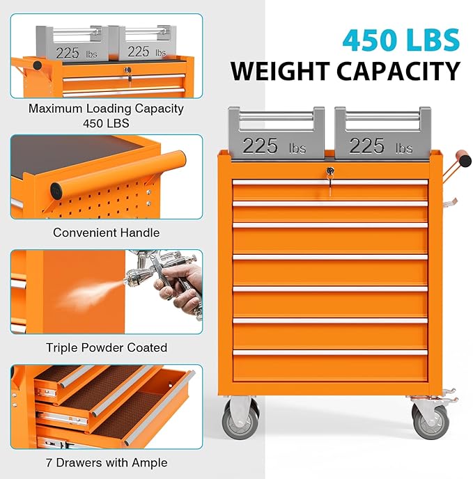 7 Drawers Rolling Tool Chest, Portable Storage Tool Box with Wheels, Tool Chest with Lock for Warehouse, Garage, Repair Shop and Tool Room