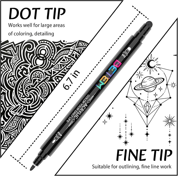 Betem 6 Black Dual Tip Acrylic Paint Markers, Fabric Decorating Kits Premium - Image 2