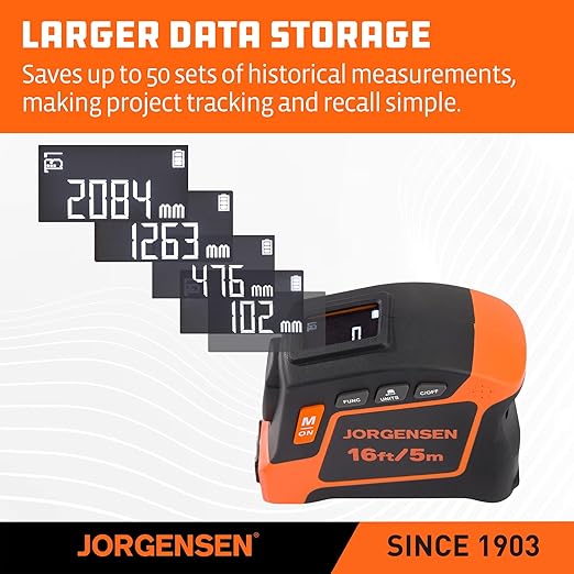 JORGENSEN Digital Tape Measure, 2-in-1 16Ft Rechargeable Digital Measuring Tape Ft/Ft+in/in/M/CM/MM Unit, Metric & Inches Tape Measurement Tool for Pythagorean, Area, Volume
