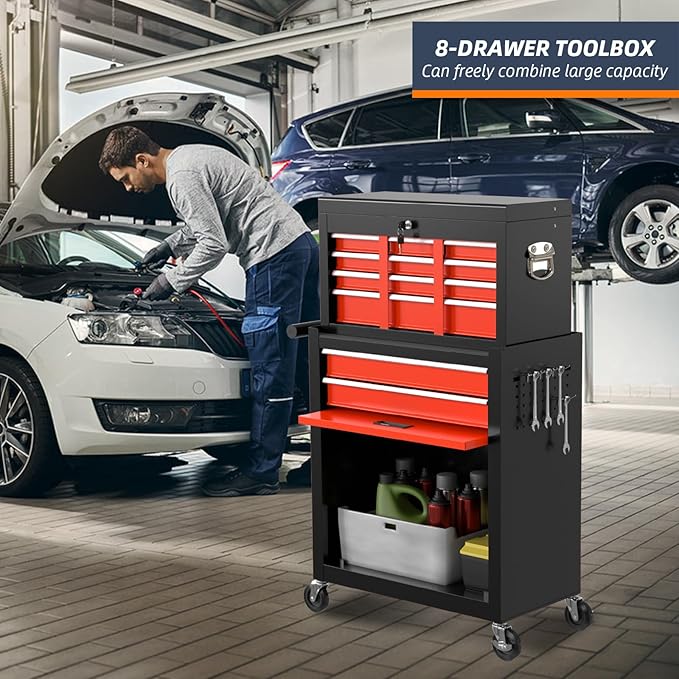 8-Drawer High Capacity Rolling Tool Chest with Wheels, Big Tool Storage Removable Tool Box Combo, Tool Storage Cabinet with Lockable Drawers, Toolbox for Workshop (Black&Red)