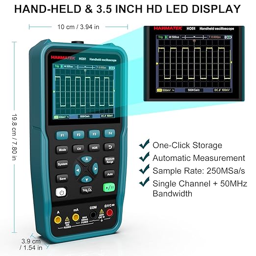 HANMATEK 3 in 1 Handheld Oscilloscope Multimeter,Waveform Generator HO51 with 3.5" TFT Oscilloscop, Auto-Calibration Function, Memory Function, Multi Tester