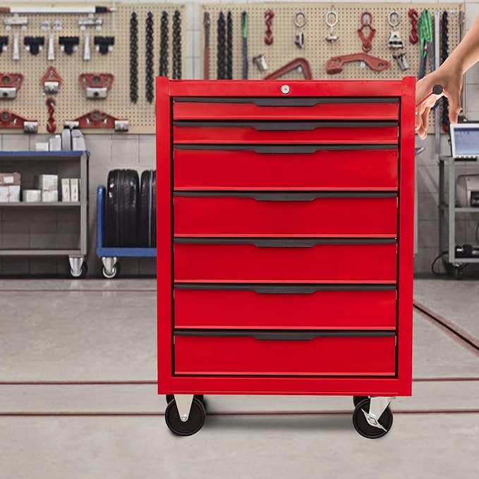 7-Drawer Rolling Tool Chest Cabinet, Large Capacity Metal Tool Box with Wheels and Keyed Locking, Roll Around Storage Organizer Tool Cart for Garage, Warehouse, Work Shop (Red)