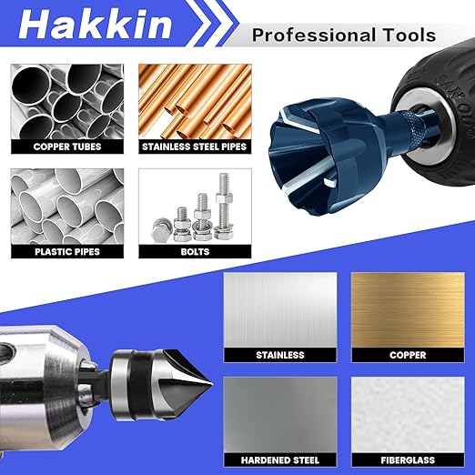 Hakkin 5Pcs Burr Removal Tool, Deburring External Chamfer Tool with Tungsten Carbide Blade, Hex Shank Deburring Tool for Metal, Bolt Thread Repair with Quick Release Shank Fits 1/8”-3/4”(3mm-20mm)