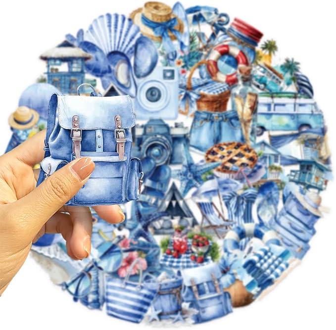 50PCS Transparent Blue Beach Stickers Aesthetic PET Stickers Blue Ocean Decal - Image 5