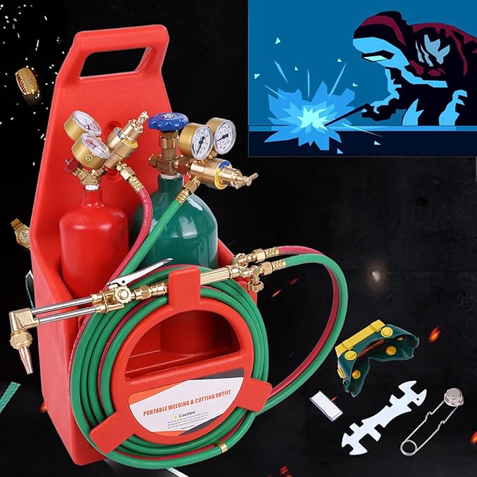 Oxygen Acetylene Torch Kit, Professional Welding Cutting Kit, Long Pipe Brass Nozzle Welding Torch Kit with Gauge Oxygen Acetylene, Portable Oxyacetylene Welding and Cutting Torch Kit Red