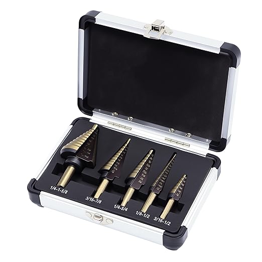 Step Drill Bit Set 5PCS, Step Drill Bit for Metal Plastic Aluminum Iron Stainless Steel Wood, High Speed Steel Titanium Coated Cone Drill Bits