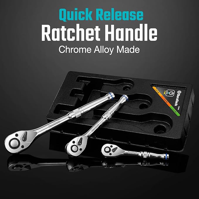 DURATECH 3-Piece Ratchet Set, 1/4", 3/8", 1/2", 72-Tooth with Quick-Release Reversible Design, Chrome Alloy Made, Fully Polished, Organized in Storage Case