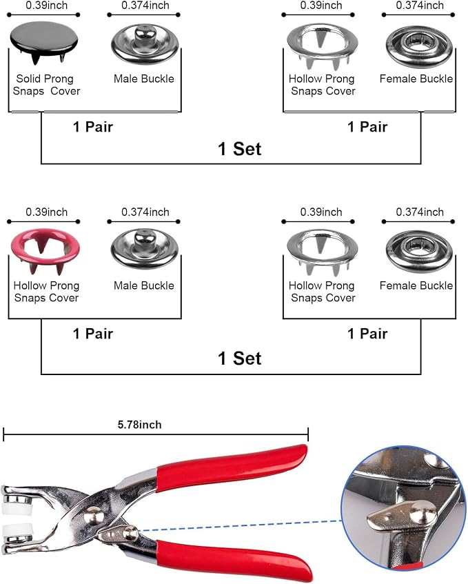 100 Sets Metal Snap Buttons Kit, 9.5mm Sewing Snaps in 10 Colors - Image 4