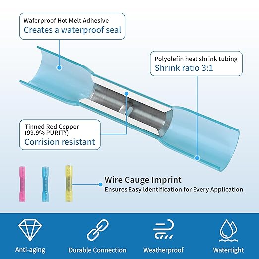 Heat Shrink Butt Connectors - 500Pcs 16-14 AWG Blue Waterproof Electrical Wire Connectors Automotive Marine Grade Wire Crimp Terminals Butt Splices for Cable,Boat,Home Electrical etc.