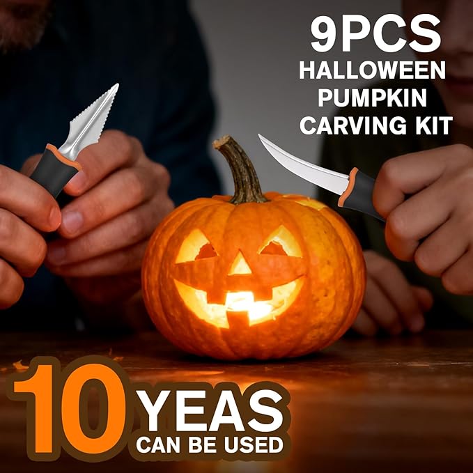 9 Pcs Pumpkin Carving Kit, Halloween Pumpkin Carving Tools, Professional Stainless Steel Pumpkin Carving Knife for Kids & Adults Halloween Gifts Party Supplies Pumpkin Tools