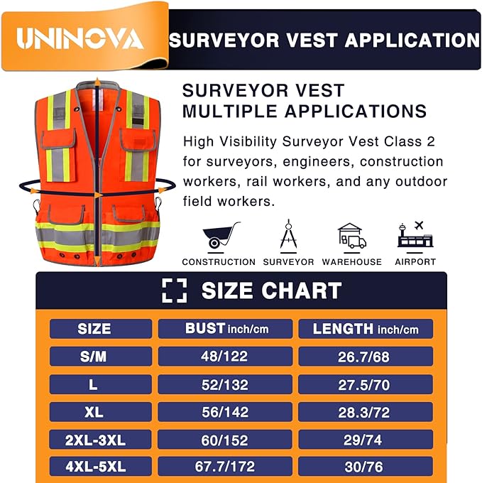 UNINOVA Surveyor Safety Vest Reflective for Men,Class 2 Heavy Duty Safety Vests Reflective with Pockets and Zipper