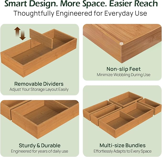 10-Piece Bamboo Drawer Organizer Set, 2.2" Deep | Multi-Use Organizers for Utensils, Silverware, Cutlery, Desk, Bathroom, Junk Drawer & Makeup, Non-Slip Feet Included.