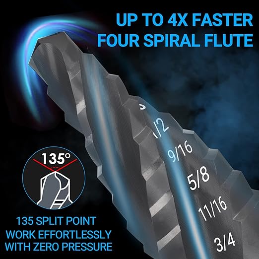 MABLEVI M35 Four Spiral Flute Cobalt Step Drill Bit 1/4" - 3/4", Wear-Resistant TiAlN Coated 1/4" Hex Shank Unibit Step Bit for Metal, Stainless Steel, Aluminum, Wood, Plastic（9 Sizes）