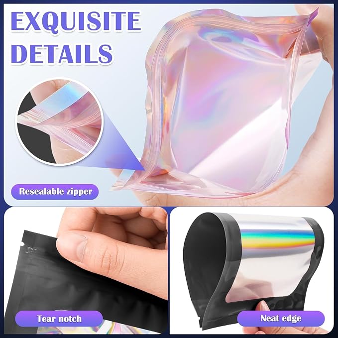 JETMORE 300 Pcs Mylar Bags, Smell Proof Bags Foil Pouch, Holographic Resealable - Image 5