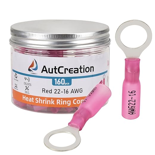 AutCreation 160PCS Heat Shrink Ring Terminals 5/16" Red 22-16 AWG Marine Grade Electrical Wire Connectors, Tinned Red Copper Resistant Ring Connectors, Insulated Waterproof Crimp Terminals