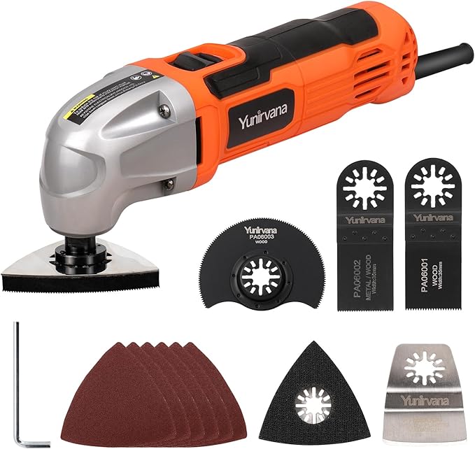 Oscillating Multi-Tool, 22000 OPM, 1.5A, 3° Oscillation Angle, 10-Piece Accessory Kit: 3 Saw Blades, Semi-Circle Blade, Sanding Plate, 6 Sanding Papers for Cutting, Grinding, Sanding