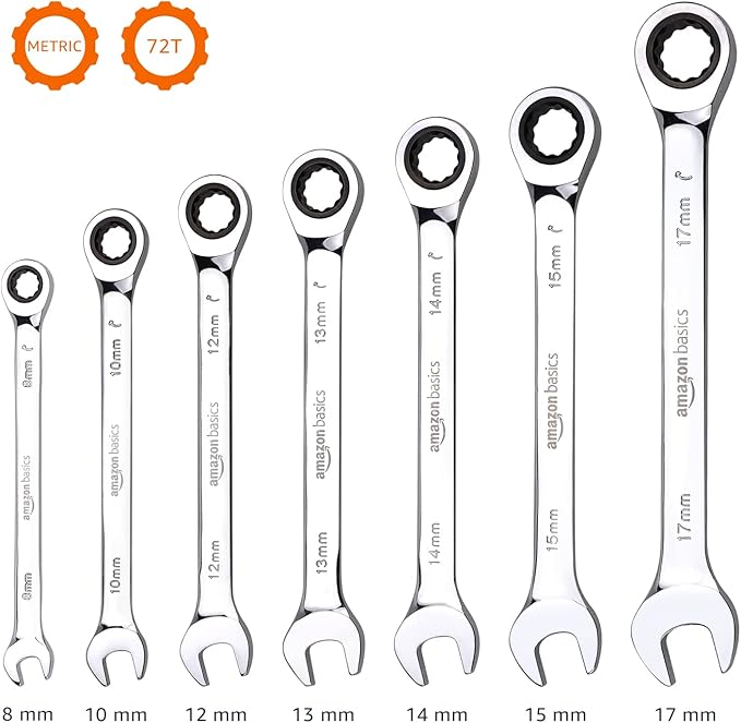 Amazon Basics Ratcheting Combination Wrench Set - Metric, 7-Piece
