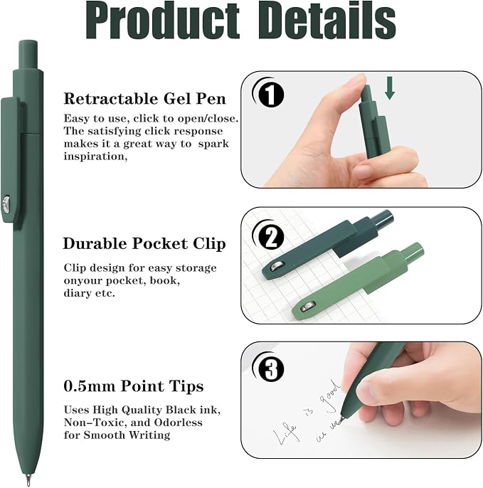 Piochoo Gel Pens, 8 Pack Fine Point Black Ink Smooth Writing Ink Pen, - Image 3