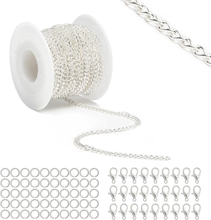 Lemonkey 33 Feet Metal Silver Necklace Chains Curb Links Chains Bulk by Lemonkey