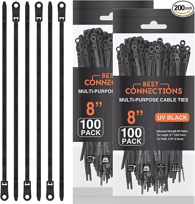 BEST CONNECTIONS Black Cable Ties – 200 Pcs Cable Zip Ties 8 Inch with Screw Down Hole for Mounting- Strong Nylon Wire Ties with 50 Lbs Tensile Strength – Cable Management Ties for Outdoor & Indoor
