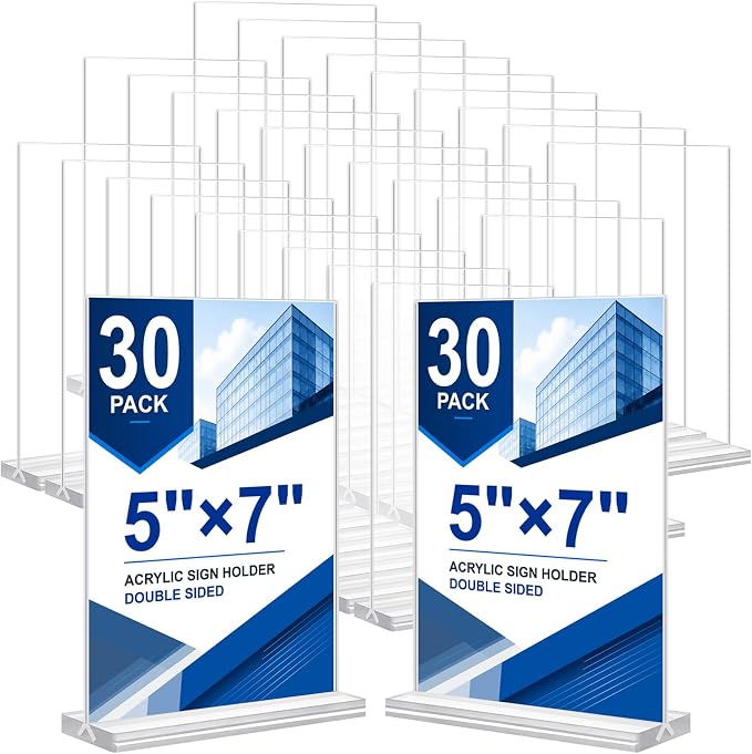 Acrylic Sign Holder 5 x 7, 30 Pack Clear Table Menu Vertical Display Stand by DunGu