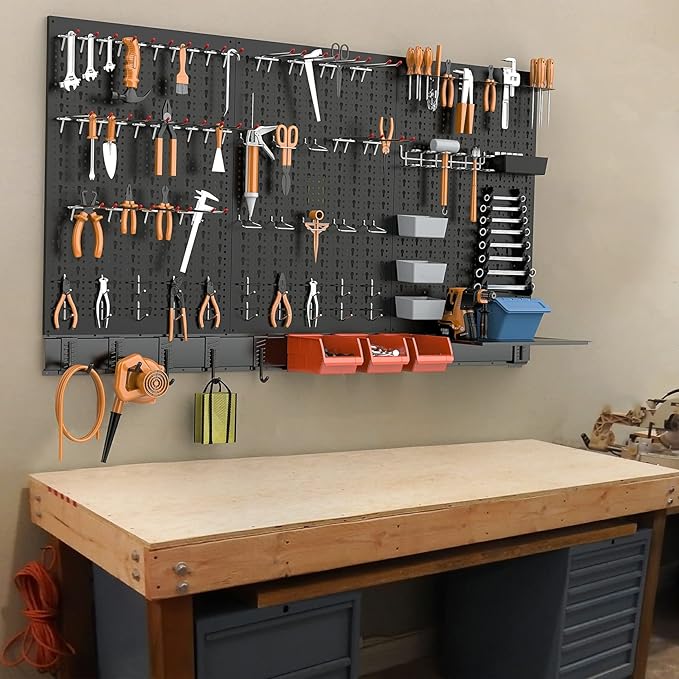TORACK Metal Pegboard Wall Organizer System for Garage, 109PCS Pegboard Accessories Organizer Kit with Pegboard Bins, Hooks, Peg Locks, Pegboard Storage System for Workbench(Black)