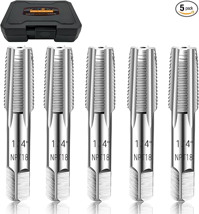 5-Piece NPT Pipe Tap Set, Precision Carbon Steel NPT Tap Thread Cutting Brill Bits Set for Clean Accurate Threads, 1/4" NPT Tap, Perfect for Plumbers Mechanics DIYers, with Durable Plastic Case.
