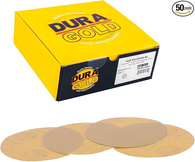 Dura-Gold Premium 400 Grit 6" Gold Sandpaper Discs, No Hole Pattern Dustless, Box of 50, Hook & Loop Backing for DA Sander, Finishing Coarse Sanding Abrasive Automotive Paint, Woodworking Wood, Metal