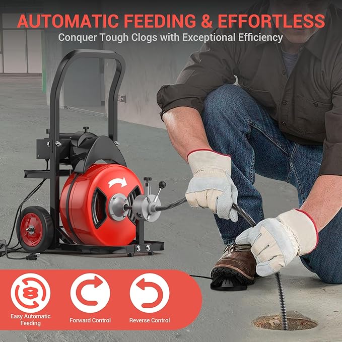 100Ft 3/4 Inch Cable Drain Cleaning Machine, 750W Auto Feed Portable Electric Sewer Snake, Electric Drain Auger with 6 Cutter Air-Activated Foot Switch for 4" to 8" Pipes
