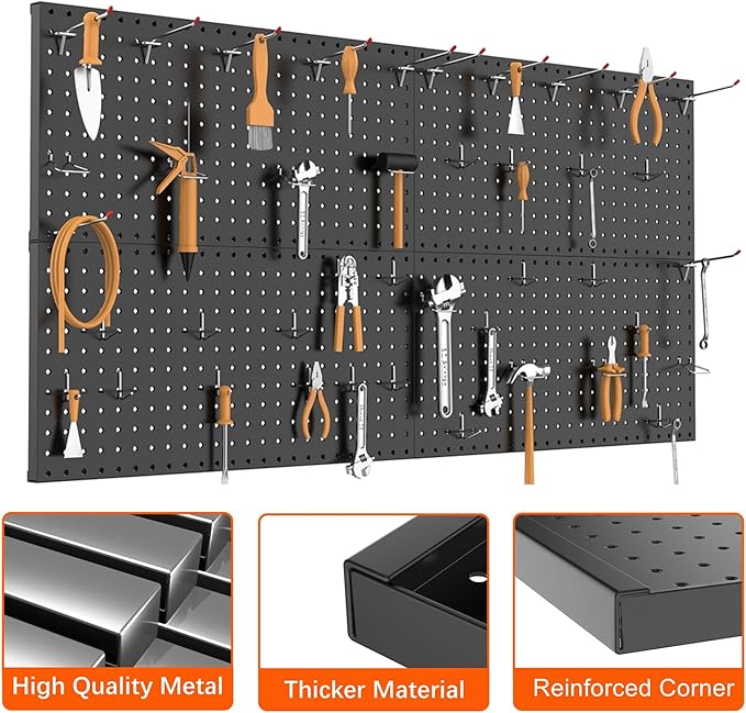 TORACK 4Pcs Metal Pegboard Panels(12"*24") for Wall, Garage Tools Pegboard System for Workbench, Modular Peg Board, Tool Organizer Board Kit for Pegboard Hooks(Pack of 4, Black)
