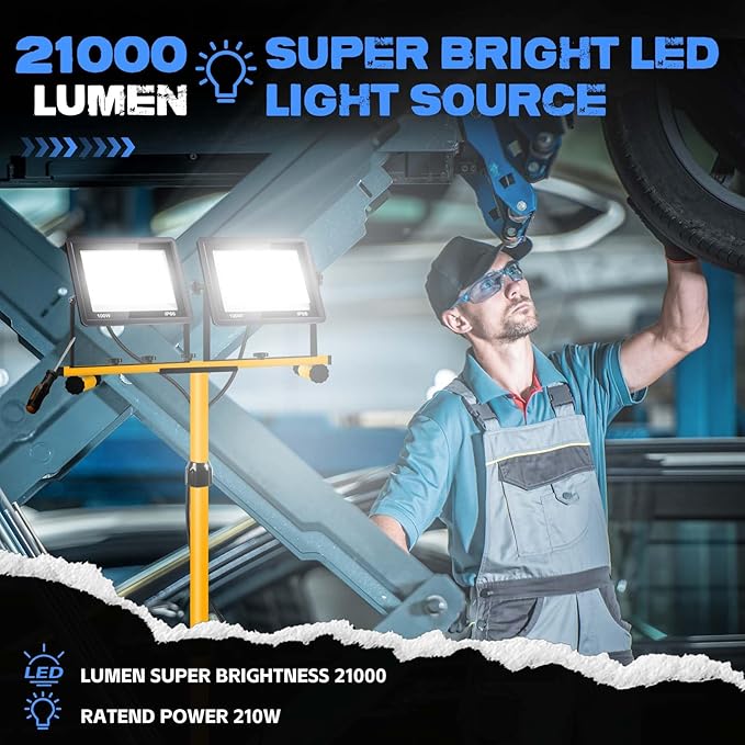 21000 Lumen Work Lights with Stand, 3 Adjustable Head LED Work Light, with Adjustable and Foldable Tripod Stand, Waterproof Lamp with Individual Switch with 6500 Kelvin Color (2-Head-Yellow)