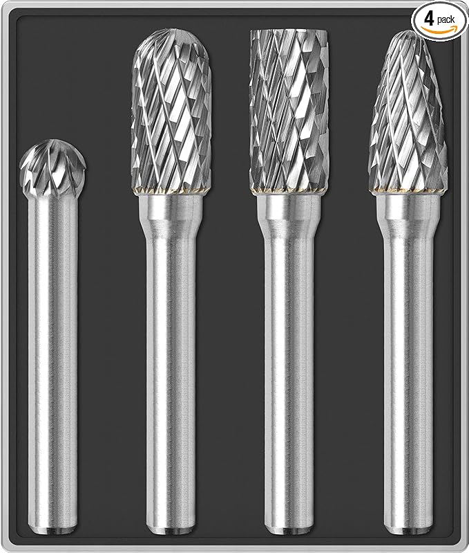 4Pcs Carbide Burr Set 1/4 Shank w/Clear Box Head Dia 8mm Die Grinder Bits Rotary Tools Attachment Kit Rasp File Accessories Metal Wood Stone Steel Grinding Deburring Cutting Porting Carving