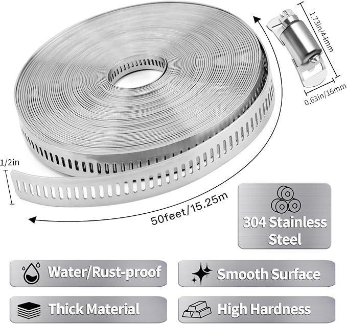 Hose Clamps 50FT Strap+25 Fasteners,DIY Cut-To-Fit 304 Stainless Steel Adjustable Large Worm Gear Band Clamp Assortment Kit,Metal Screw Fasteners and Strapping for Pipe,Duct,Pole,Tube