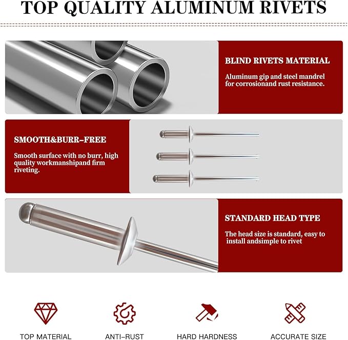 180pcs Silver 3/16" x 3/8" Aluminum Blind Rivets, 4.8 x 9.5mm Pop Rivets,Aluminum Grip and Steel Mandrel