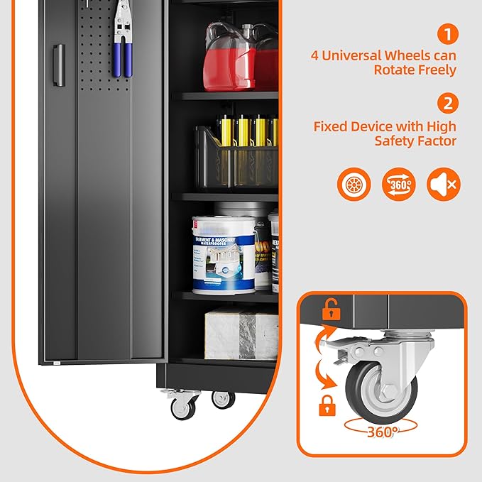 Metal Garage Storage Cabinet with Pegboard, 71''H*32" W*16" D Rolling Tool Cabinets on Wheels with 5 Adjustable Shelves for Garage Home Warehouse Utility Room, Assembly Required,Black