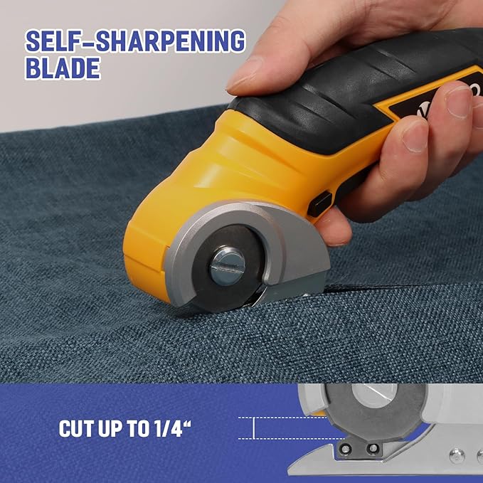 VLOXO Cordless Cardboard Cutter, Electric Scissors for Cardboard with Safety Lock, Power Rotary Scissors Multi-Cutting Tools, Rechargeable Box Cutter Electric for Carpet Leather (Yellow)