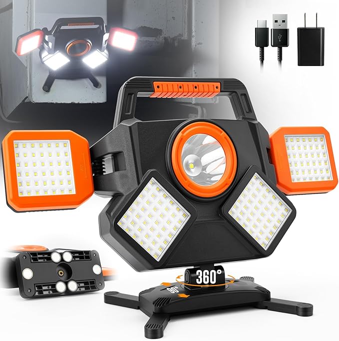 Rechargeable Work Light 5000LM, Foldable&Rotatable Magnetic LED Work Light with 6 Modes, 8000mAh Battery Powered Portable Work Lights for Car Repair, Home Maintenance, Workshop, Camping, Emergency Use