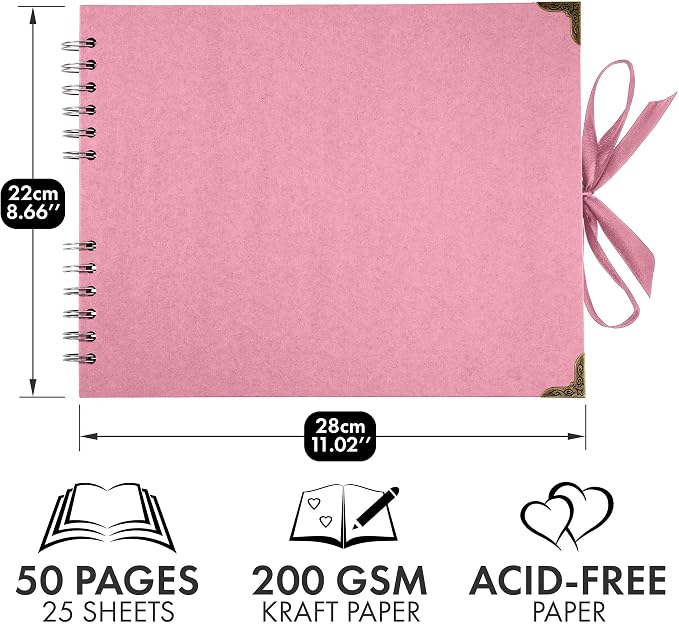 Bstorify Square Scrapbook Photo Albums 50 Pages Pink Thick Paper, Ribbon Closure - Image 2