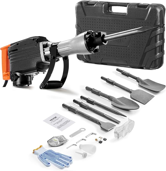 VEVOR Demolition Jack Hammer, 1350 BPM Concrete Breaker 6pcs Chisels Bit Chipping with Case, 2200W Electric Jackhammer Heavy Duty, Black