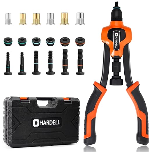 HARDELL Rivet Nut Tool Kit, 14" Rivnut Tool Kit with 6 Upgraded Interchangeable Mandrels & 80PCS Rivet Nuts, Thickened Nutsert Tool with Double-Curved Grip (2025 New Version)