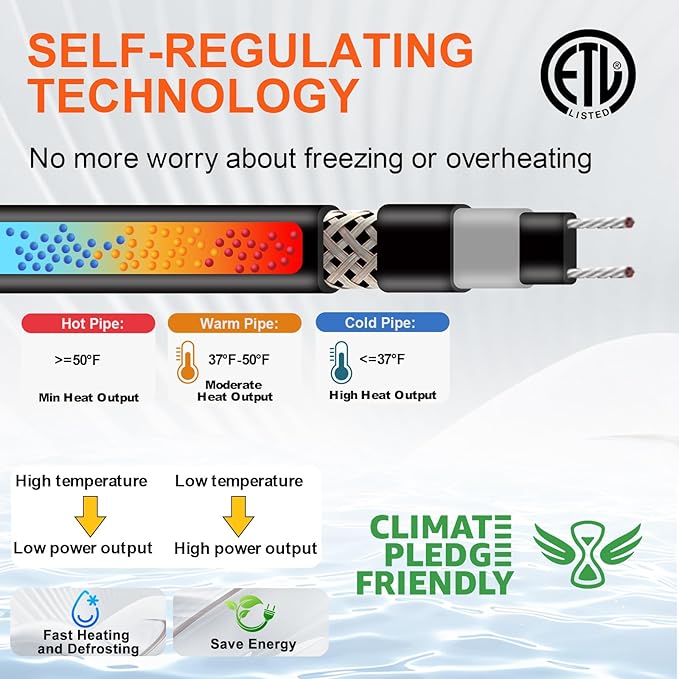 Intelligent Pipe Heat Cable for Pipe Freeze Protection, Self-Regulating Heating Cable for Metal and Plastic Home Pipes, Energy-Saving Water Pipe Heat Cable, 35Ft, 120V