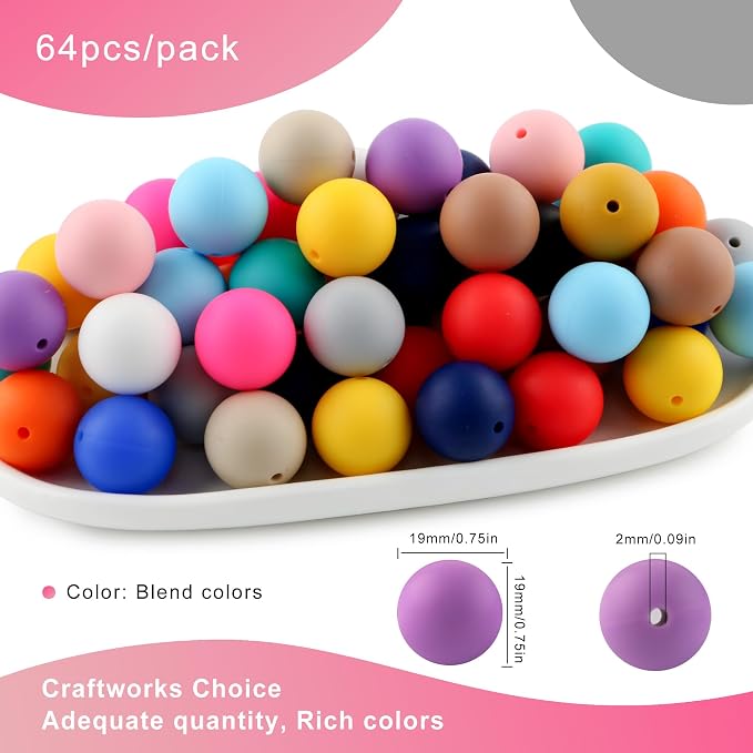 64Pcs 19mm Silicone Beads for Keychain Making and Bracelet Making, 16 Colors - Image 3