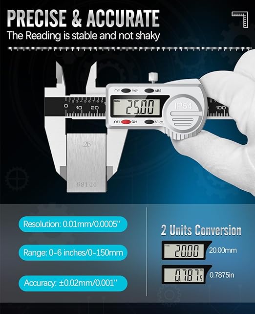 Digital Caliper 6 inch,(ABS) Absolute Scale Caliper,IP54 Caliper Measuring Tool, Inch/MM, Auto-Off LCD Stainless Steel Waterproof Micrometer Vernier Caliper, with Steel Ruler, Silver