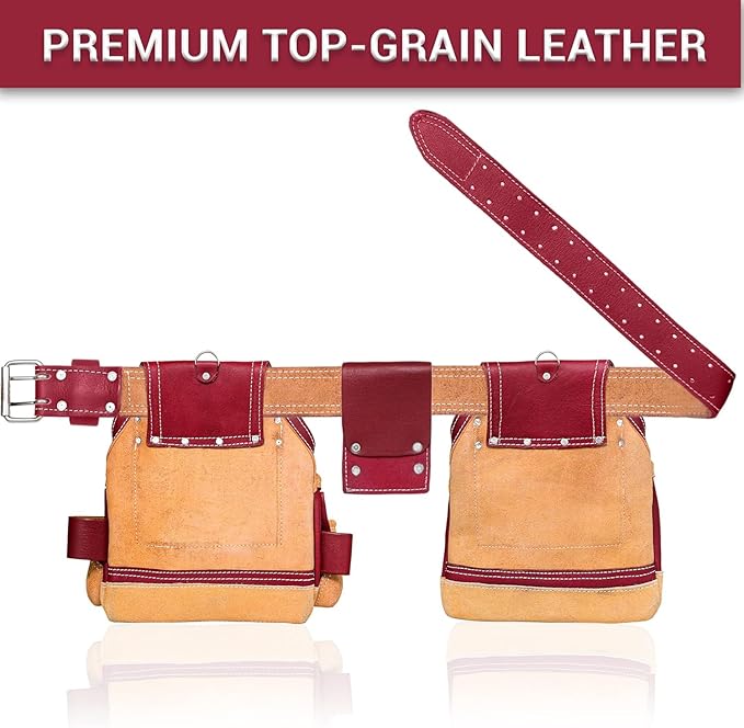 FUERI Leather Tool Belt Suspenders for Carpenters Construction Electricians Framers Bags Pouches Holder Organizer Set (16 Pocket Maroon Set, Adjustable)